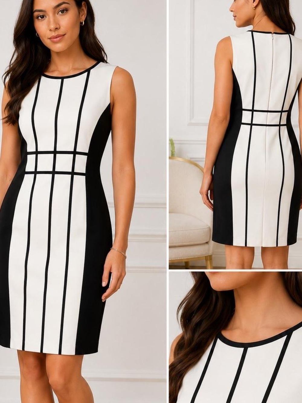 Calvin Klein Black and White Geometric Paneled Midi Dress